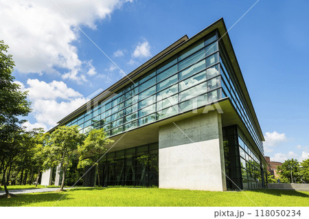Building view of The Asia Museum of Modern Art in Taichung, Taiwan. The museum was designed by architect Tadao Ando with a triangular shape of structure. 118050234