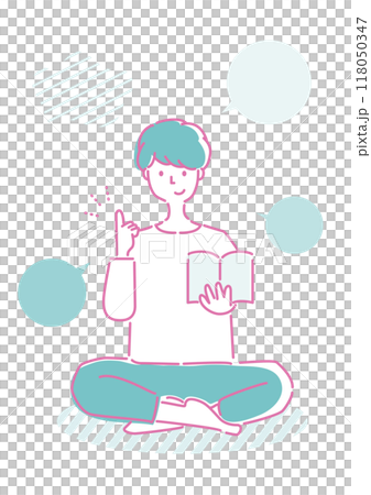 Illustration of a man having an epiphany while reading a book and a set of simple speech bubbles 118050347