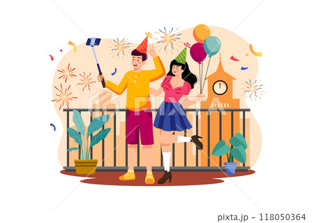 Couple taking a selfie to celebrate new years eve 118050364