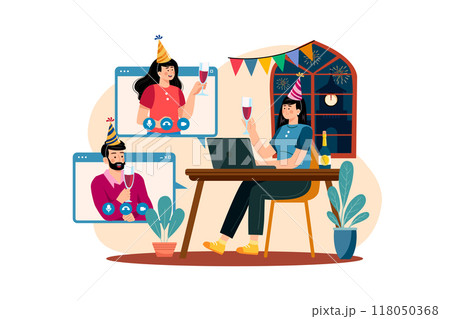 The group of friends video calls to celebrate New Years Day 118050368