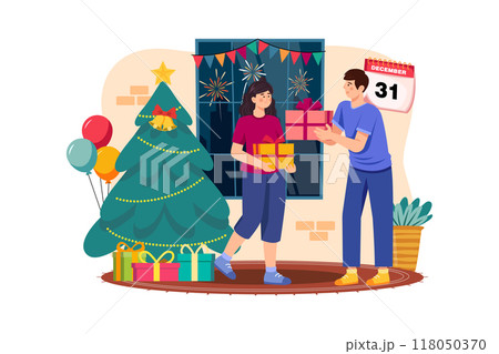 Man gifting Christmas gift to woman. Man gifting Christmas gift to woman. 118050370