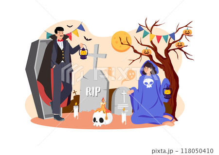 The couple dressed up as demons and ghosts with tombstones, skulls, and candles. The couple dressed up as demons and ghosts with tombstones, skulls, and candles. 118050410