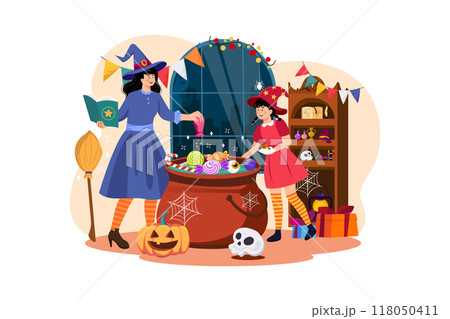 Mother and daughter are preparing food for the Halloween party. Mother and daughter are preparing food for the Halloween party. 118050411