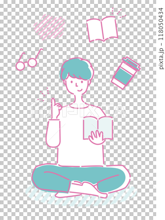 A set of line drawings of inspired men and icons depicting studying 118050434