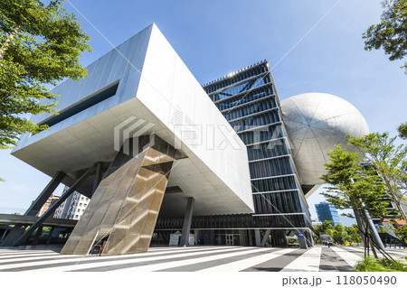 Building view of the Taipei Performing Arts Center in Taiwan. it's a modern building combining cube and sphere geometry. 118050490