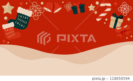クリスマスの背景イラスト。雪景色の上に靴下や贈り物やオーナメントがあります。 118050594