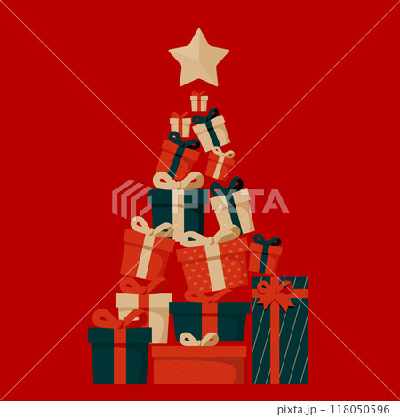 クリスマスの背景イラスト。積み上げられた贈り物。一番上には星があります。 クリスマスの背景イラスト。積み上げられた贈り物。一番上には星があります。 118050596