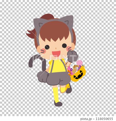 一個可愛的女孩在萬聖節扮演怪物貓並拿著一桶糖果的插圖，向量，白色背景 118050655