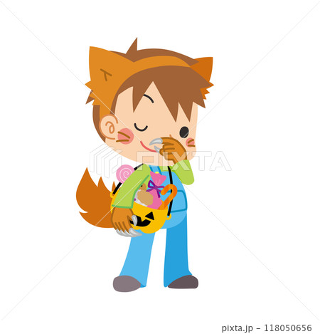 ハロウィンで狼男のコスプレをしてお菓子のバケツを持った可愛い男の子のイラスト ベクター 白背景 ハロウィンで狼男のコスプレをしてお菓子のバケツを持った可愛い男の子のイラスト ベクター 白背景 118050656