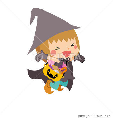ハロウィンで魔女のコスプレをしてお菓子のバケツを持った可愛い女の子のイラスト　ベクター　白背景 118050657