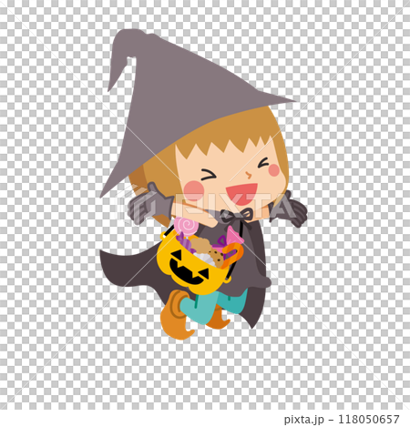 ハロウィンで魔女のコスプレをしてお菓子のバケツを持った可愛い女の子のイラスト　ベクター　白背景 118050657