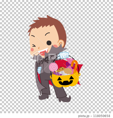 一個可愛的男孩在萬聖節穿著吸血鬼服裝，拿著一桶糖果，向量，白色背景的插圖 118050658