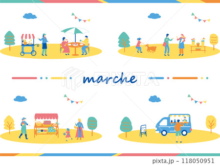 マルシェ　休日のマーケットで楽しむ人々 118050951