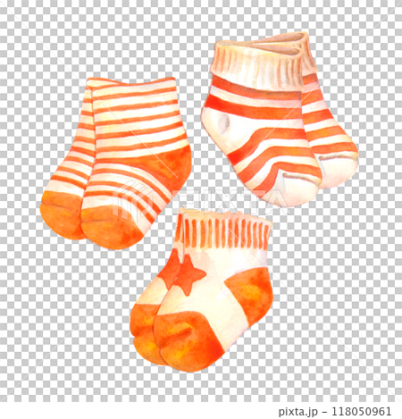 Baby striped socks. Watercolor pairs of infant sox in white-orange colors. Isolated clipart suitable for textiles, scrap or wrapping paper, wallpaper, children party invitations, cards or decorations 118050961