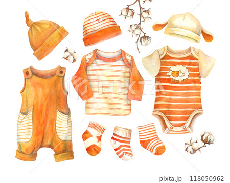 Baby clothes set. Cotton garments for Infant kids. Bright orange and white bodysuit and overall for boy or girl. Colorful socks and funny hats with ears for newborn. Hand drawn watercolor illustration Baby clothes set. Cotton garments for Infant kids. Bright orange and white bodysuit and overall for boy or girl. Colorful socks and funny hats with ears for newborn. Hand drawn watercolor illustration 118050962