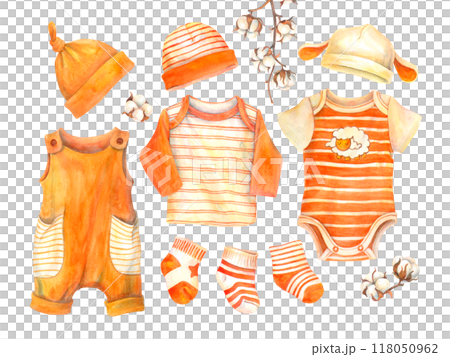 Baby clothes set. Cotton garments for Infant kids. Bright orange and white bodysuit and overall for boy or girl. Colorful socks and funny hats with ears for newborn. Hand drawn watercolor illustration 118050962