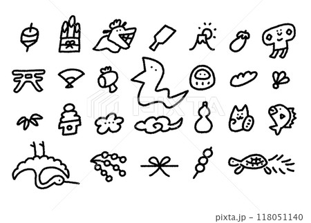 蛇年のお正月イラスト　セット　年賀状素材　アイコン　モノクロ 118051140