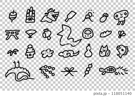 蛇年のお正月イラスト　セット　年賀状素材　アイコン　モノクロ 118051140