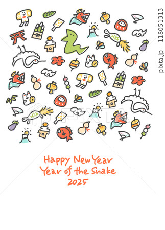 蛇と正月の縁起物の年賀状 2025 手描き 蛇と正月の縁起物の年賀状 2025 手描き 118051313