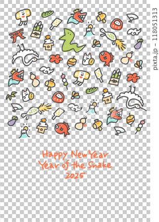 蛇と正月の縁起物の年賀状 2025 手描き 蛇と正月の縁起物の年賀状 2025 手描き 118051313