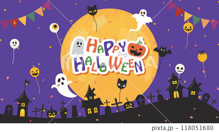 ハロウィン　満月が浮かぶ墓地（フルHD 16:9サイズ） 118051680