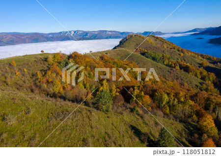 Aerial view of autumn countryside landscape in a misty morning Aerial view of autumn countryside landscape in a misty morning 118051812