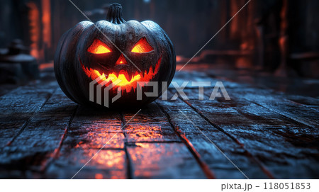 A glowing jack-o-lantern sits on a dark, wet wooden floor, casting an eerie light, perfect for a spooky Halloween night 118051853