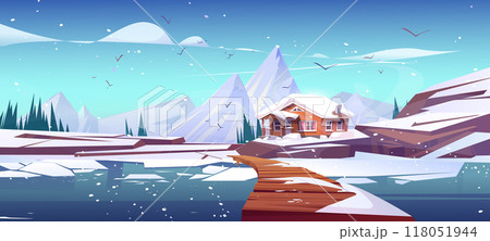 Wooden cabin on shore of lake or river in winter. 118051944
