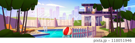 Back yard of modern mansion with swimming pool 118051946