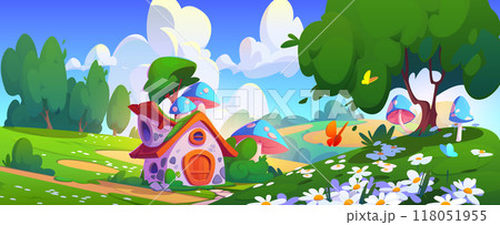 Cute tiny elf house with mushrooms in forest 118051955