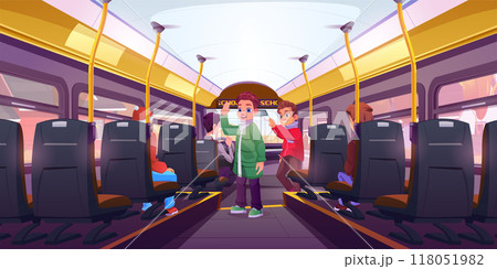 Boy waving inside bus. School transport aisle Boy waving inside bus. School transport aisle 118051982