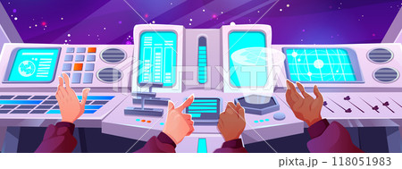 Spaceship cockpit with hands on control panel. Spaceship cockpit with hands on control panel. 118051983