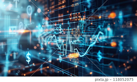 A computer screen shows a graph of numbers and dollar signs 118052075