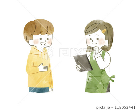 会話をしている男性と女性スタッフ-水彩 118052441