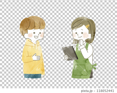 会話をしている男性と女性スタッフ-水彩 118052441