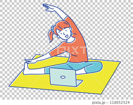 Young woman stretching while watching a video 118052524