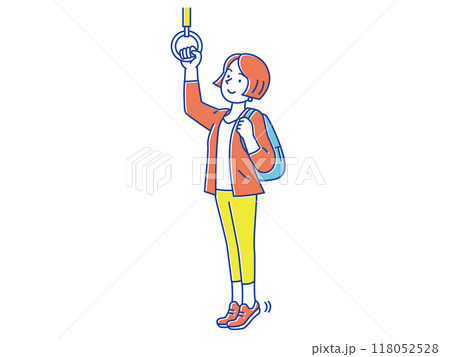 通勤中につり革でストレッチする女性 118052528