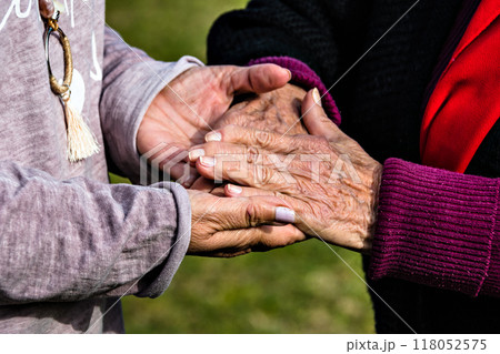 Affection and tenderness of a granddaughter to her grandmother. Traits of aging on the hands	 118052575