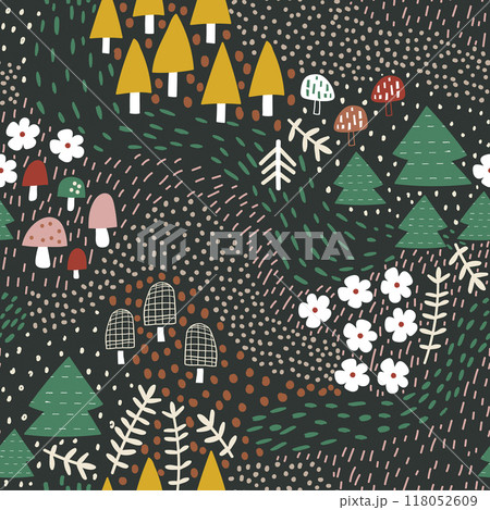 Seamless cartoon forest pattern. Woodland texture with tree, mushroom, flowers and hand drawn textures. Vector illustration 118052609