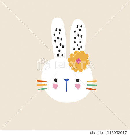 Cute cartoon bunny face with flower. Children s print for nursery, children s clothing, poster, postcard. Vector illustration Cute cartoon bunny face with flower. Children s print for nursery, children s clothing, poster, postcard. Vector illustration 118052617