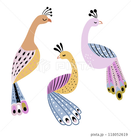 Peacock bird cartoon illustration. Set of peacocks isolated on white. vector elements 118052619