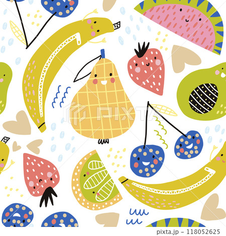 Cartoon fruits seamless pattern. Kids design fruits characters. Cute fruits vector background 118052625