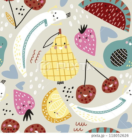 Cartoon fruits seamless pattern. Kids design fruits characters. Cute fruits vector background 118052626