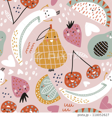 Cartoon fruits seamless pattern. Kids design fruits characters. Cute fruits vector background 118052627