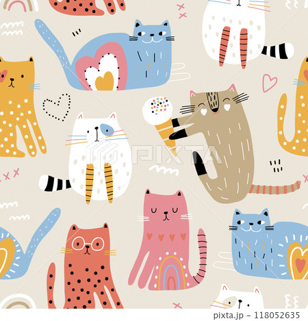 Cartoon seamless pattern with colorful cats. Kittens with ice cream, hearts. Childish texture for fabric, textile, apparel, wallpaper. Vector illustration 118052635