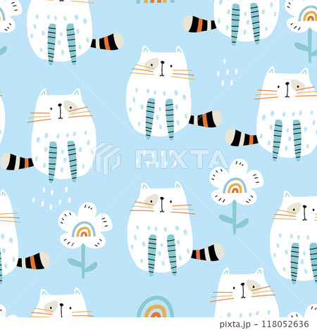 Cartoon seamless pattern with funny cats and flowers. Childish blue texture for fabric, textile, apparel, wallpaper. Vector illustration 118052636