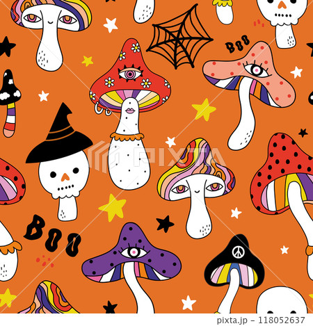 Funny hippie mushroom seamless pattern. Groovy halloween retro style background, texture.Creative mushrooms vector illustration 118052637