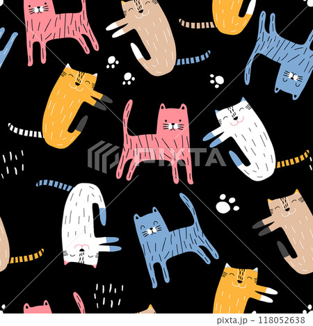Cartoon seamless pattern with colorful cats. Childish texture for fabric, textile, apparel, wallpaper. Vector illustration 118052638