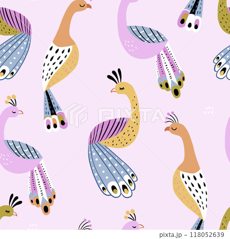 Seamless pattern with hand drawn cartoon peacock birds. Creative girlish vector texture for fabric, textile, wallpaper. Seamless pattern with hand drawn cartoon peacock birds. Creative girlish vector texture for fabric, textile, wallpaper. 118052639