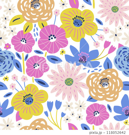 Seamless floral pattern with hand drawn flowers. Spring summer blossom background. Perfect for fabric design, wallpaper, apparel. Vector illustration 118052642